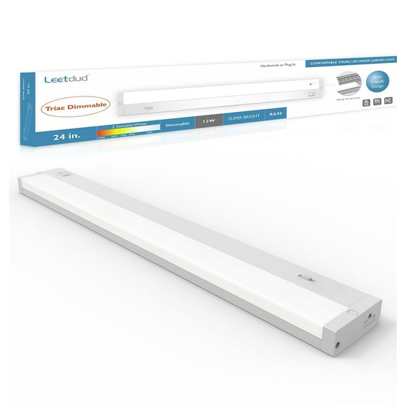 Leetdud LED Under Cabinet Lighting Hardwired or Plug in, 24 Inch 12W, Dimmable 5 Color 2700K/3000K/3500K/4000K/5000K, Linkable Eyes Care Design Counter Li