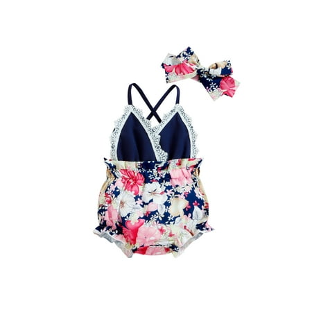 

Calsunbaby Newborn Infant Girls Casual Romper Floral Printed Sleeveless Backless Lace Ruffled Bodysuit+Headband