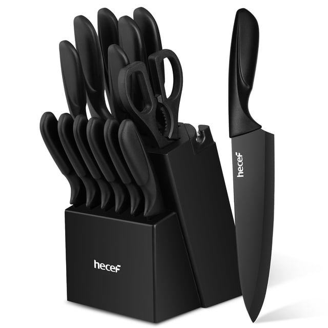 juego de cuchillos de cocina hecef de 15 piezas con bloque de madera - acero de alto carbono, negro Set de 15 piezas con bloque de pino ventilado y logo hecef; bloque negro con ranuras que sostiene cuchillo de chef, santoku, rebanador, pan, multiusos, pelador, 6 cuchillos para carne, tijeras y afilador. Primer plano de un cuchillo de chef con hoja negra mate X30Cr13 y mango ergonómico balanceado; también a menudo usado para organizar utensilios pequeños en la cocina.