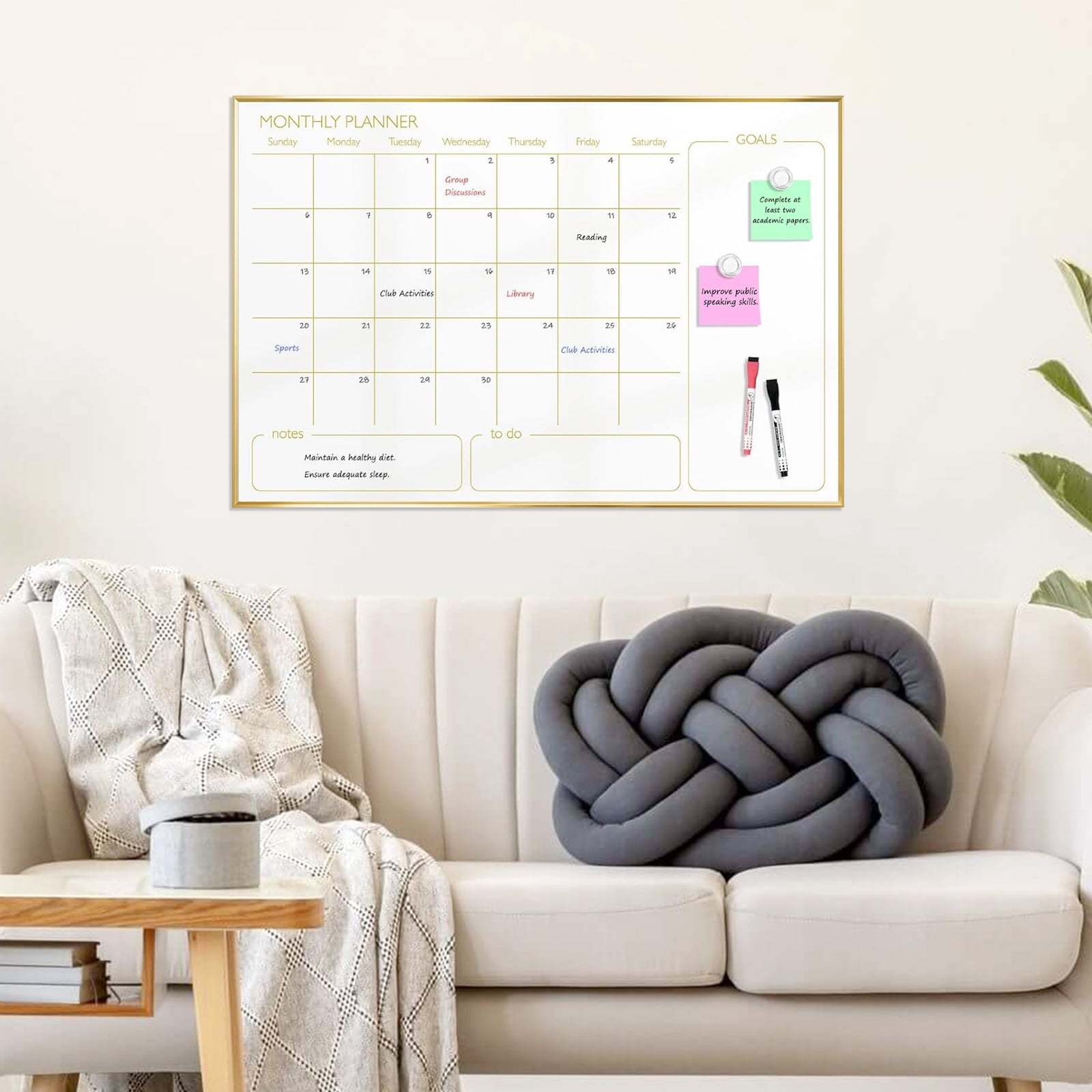 Monthly Calendar Whiteboard, 36"x24" Magnetic Dry Erase Calendar with Gold Frame, Wall Hanging Planner for Home, Office