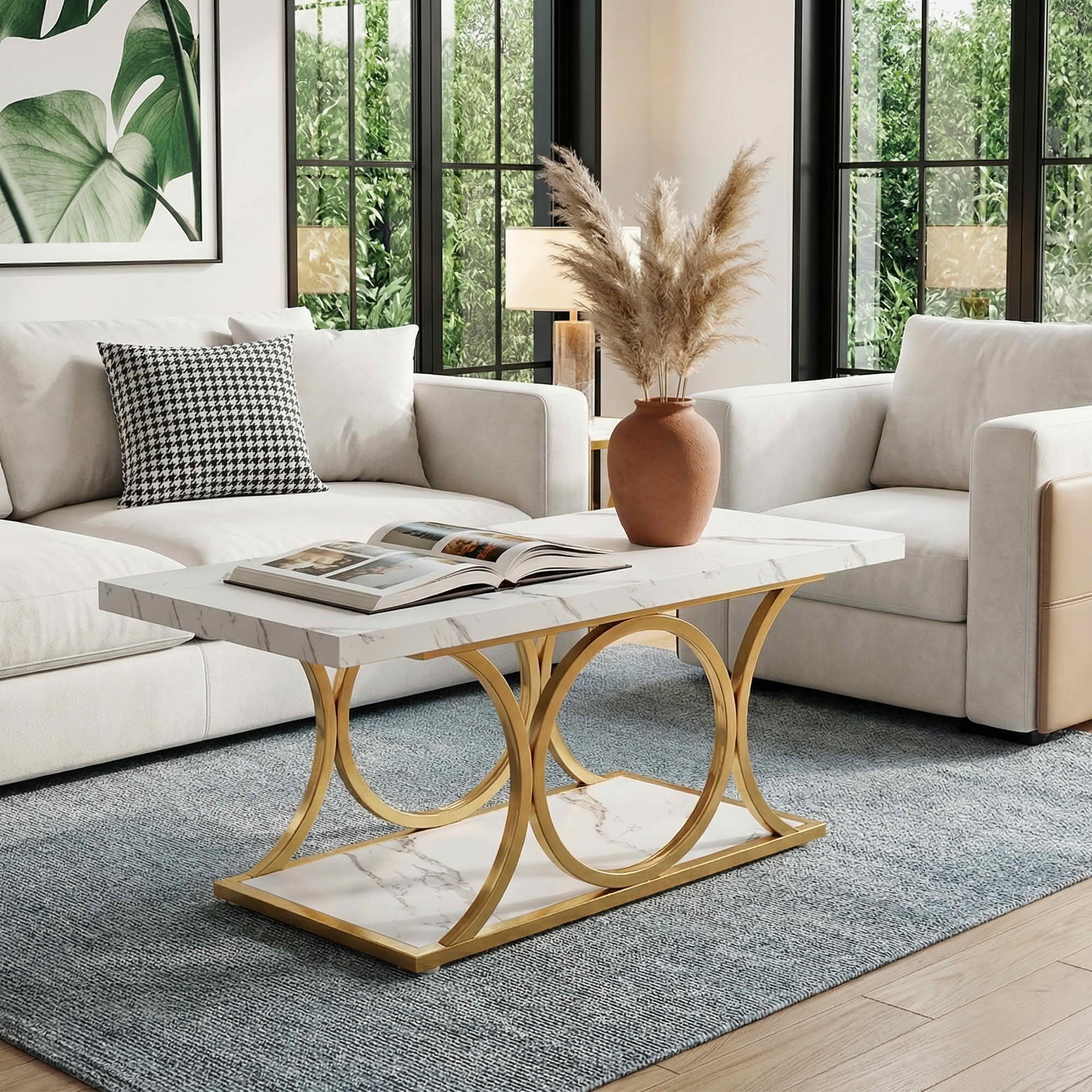 MAYEERTY 47.24" 2-Tier Rectangular Coffee Table, White Faux Marble E1 Particle Board Gold Metal Leg Storage Center Table for Living Room Studio Apartment