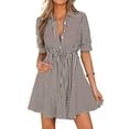 thumbnail image 2 of JoveMarine Cocktail Dresses for Women Striped Short Sleeve - V-Neck Button Up A-Line Shirt Dress for Office and Beach Party,Brown 2XL, 2 of 8
