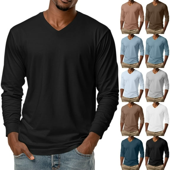 Homozy Long Sleeve Mens Golf Tshirts Slim Fit V Neck Tee Tops S-5xl Fall Spring Basic Casual Pullover Solid Color T-Shirts