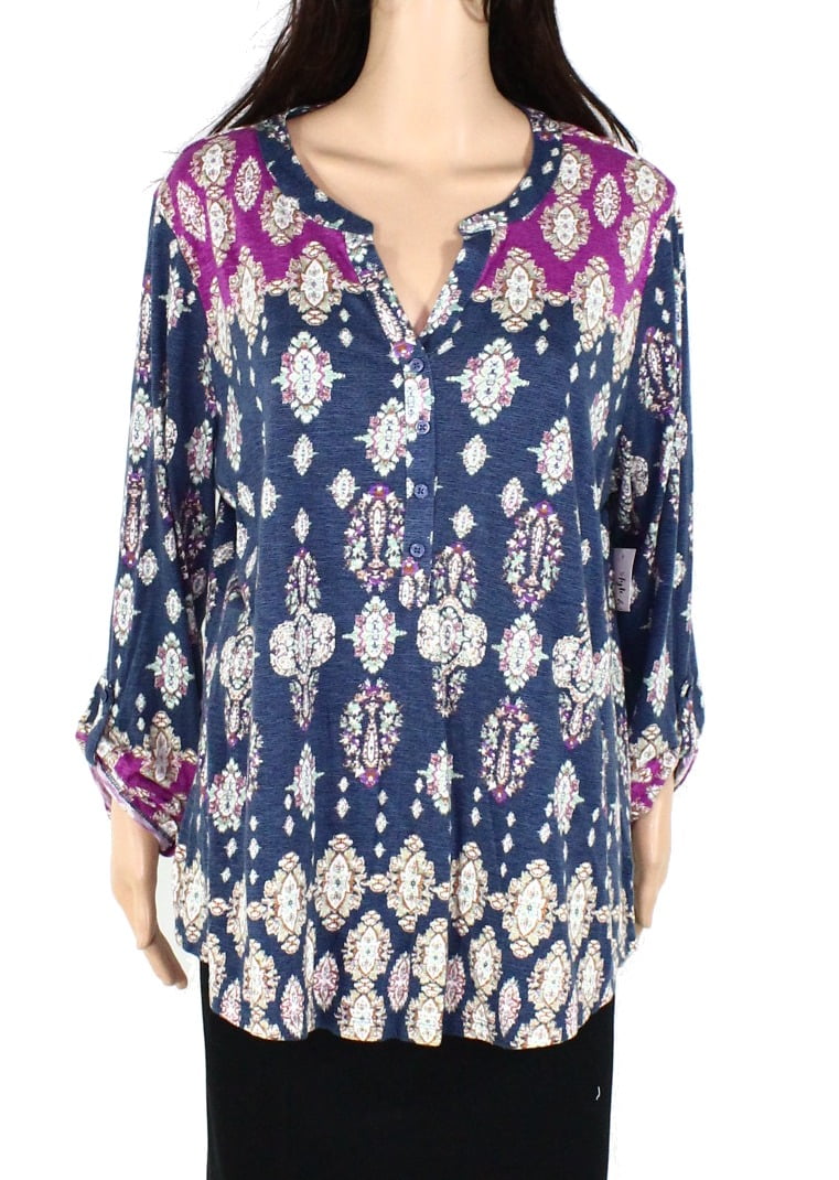 Womens Top Purple Plus Printed Henley Knit 1X - Walmart.com