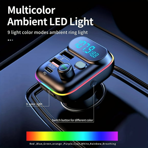 XHSGX Transmisor FM inalámbrico coche Bluetooth 5.0 reproductor MP3 cargador QC3.0 PD 20W LED 7 colores