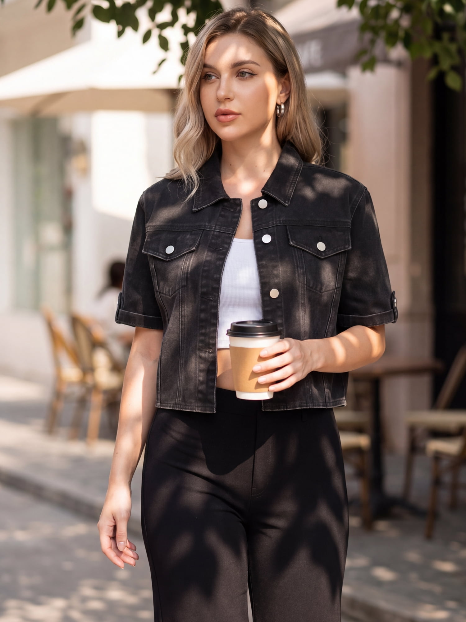 DARING DIVA Women's Short Sleeve Denim Collared Button Up Cropped Jean Jacket S Black
