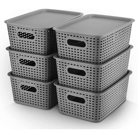 AREYZIN Plastic Storage Baskets Bins With Lid Organizing Container Lidded Knit Storage Organizer Bins for Shelves Drawers Desktop Closet Playroom Classroom Office, 6 Pack