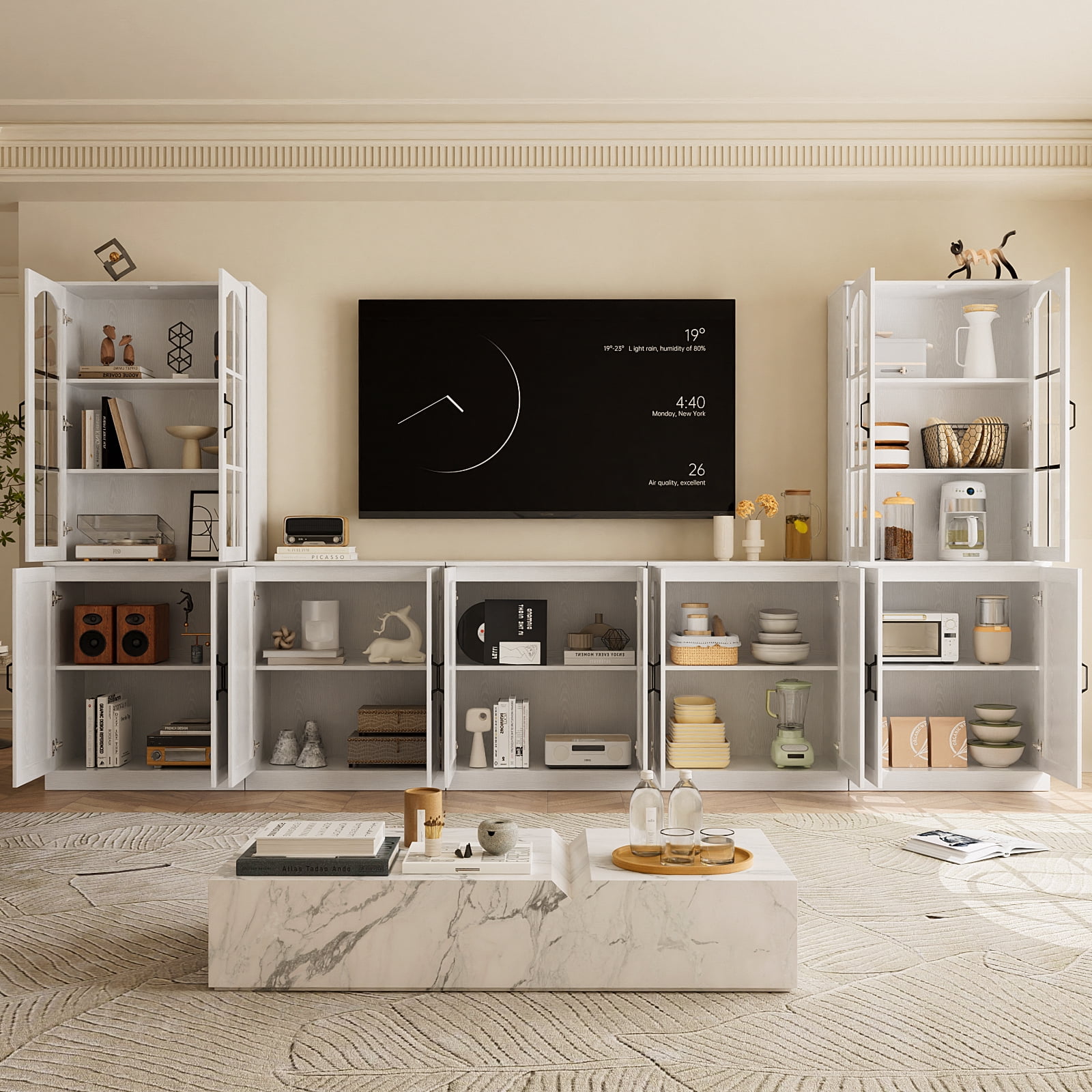 RichYa 118" W Entertainment Center with Bookcases for TVs up to 65", Wall Unit TV Stand with Doors for Living Room