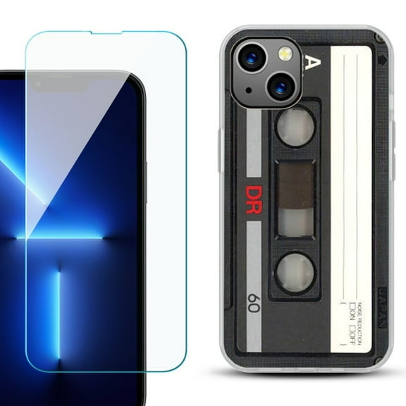 OneToughShield ® for iPhone 15 Plus Shockproof Phone Case, with Tempered Glass Screen Protector - Vintage Cassette
