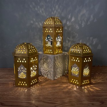 Iumwxz Lamp Light Mini Lantern with Led Ramadan Lantern Decoration Mini Lantern Decor with Candles Hanging Lanterns for Ramadan Decor Christmas Wedding Table Centerpiece Decor Gold Iron