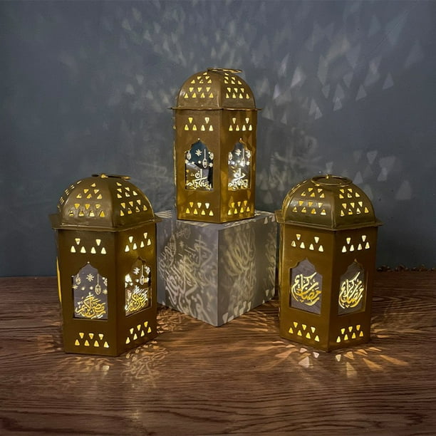 Mini farol de hierro dorado con luces LED - Ramadán y decoración navideña - Centro de mesa colgante - 9,5x9,5x15cm
