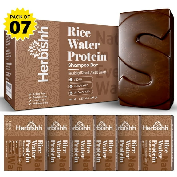 Herbishh Rice Water Shampoo Bar Pack of 7 – Strengthening & Nourishing Solid Shampoo for Hair Growth & Thinning Hair – With Biotin, Paraben-Free, Sulfate-Free, For All Hair Types, 3.53 oz Each