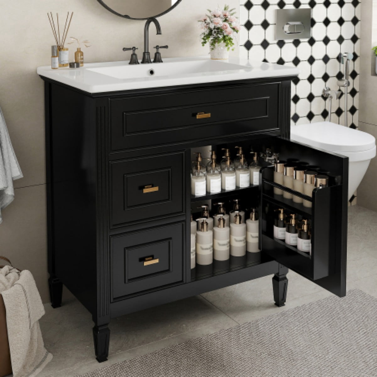 30" Bathroom Vanity with Sink, Modern Bathroom Cabinet with Ceramic Undermount Sink, Solid Wood & MDF Storage Cabinet with Flip Drawer, Adjustable Shelf, Black