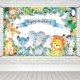 thumbnail image 1 of 6x3.6ft Happy Birthday Banner Safari Kids Birthday Party Decoration Tropical Jungle Wild Animals Children Birthday Decor Supplies Giraffe Elephant Zeb, 1 of 4