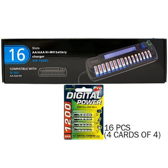 16 Bay AA / AAA LCD Battery Charger   16 AAA 1200 mAh AccuPower NiMH Batteries