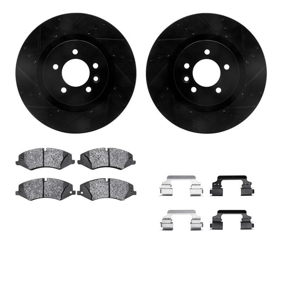 Dynamic Friction Company Front Brake Rotors-Drilled and Slotted-Black with 5000 Euro Ceramic Brake Pads includes Hardware 8612-11009