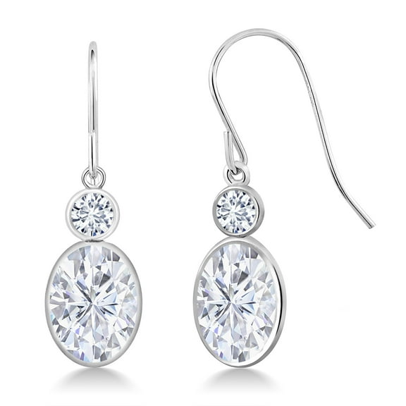 Gem Stone King 14K White Gold White Moissanite and White Lab Grown Diamond Hook French Fish Ear Wire Dangle Earrings for Women (3.20 Cttw, Gemstone, Oval 8X6MM, Round 3MM)