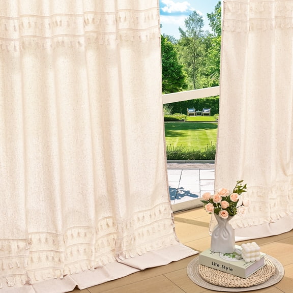 Alishomtll Boho Curtains for Living Room Semi Blackout Curtains with 8 Tassel Window Drapes Back Tab ,Natural，52"Wx84"L，2 Panels
