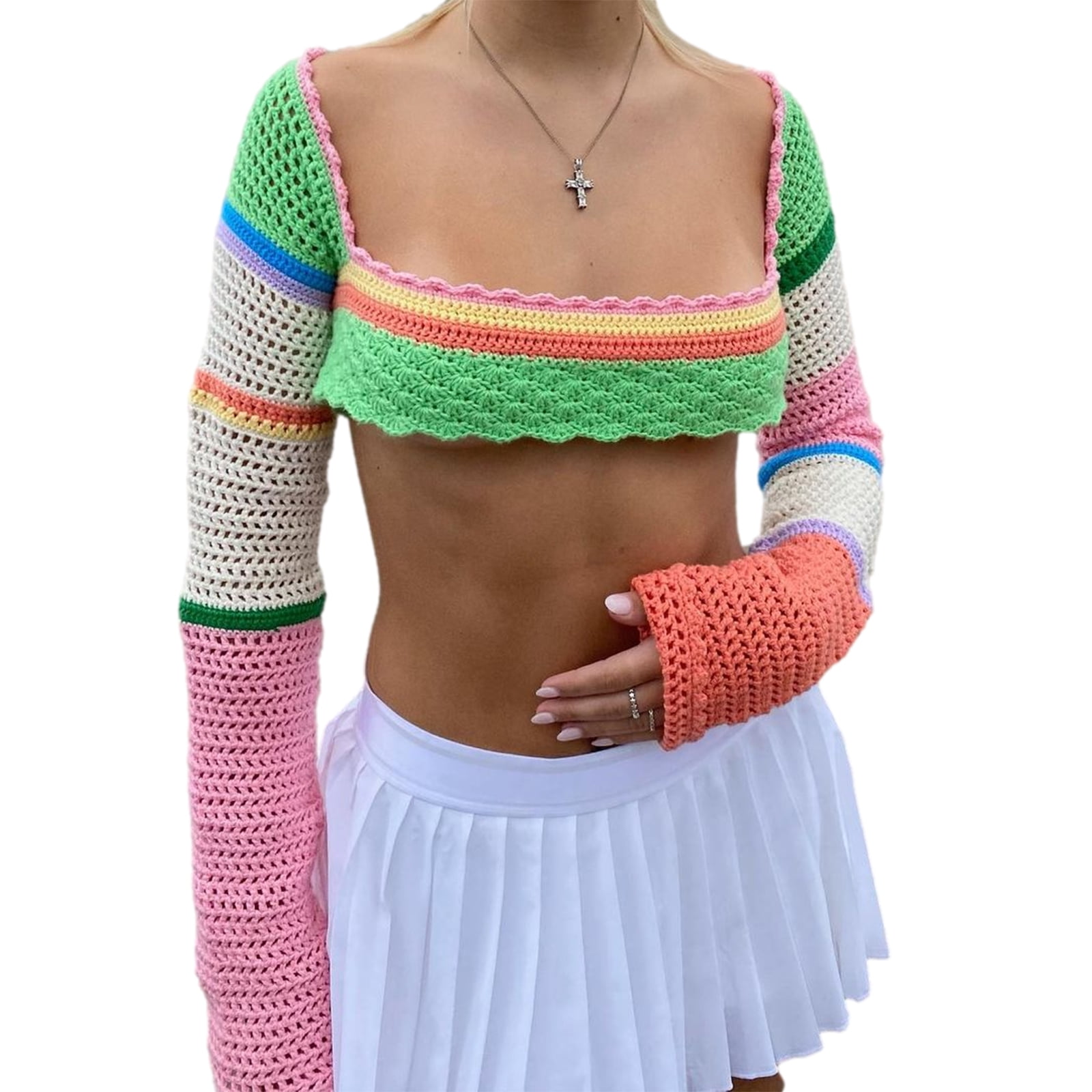 Women Y2k Long Sleeve Knit Crop Top 