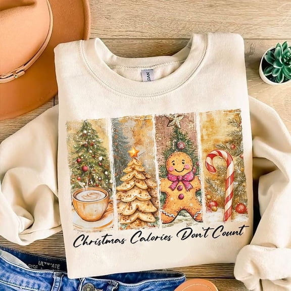 Christmas Calories Don’t Count Sweater, Retro Gingerbread Christmas Pullover, Hot Cocoa Christmas Candy Cane Sweatshirt