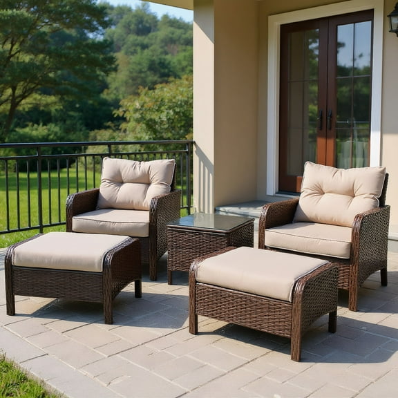 Resenkos 5 Pieces Patio Rattan Sofa Ottoman Furniture Set with Cushions, Patio Seating Conversation Set, Modern Patio Sofa Sectional All Weather Proof for Patio Back Deck