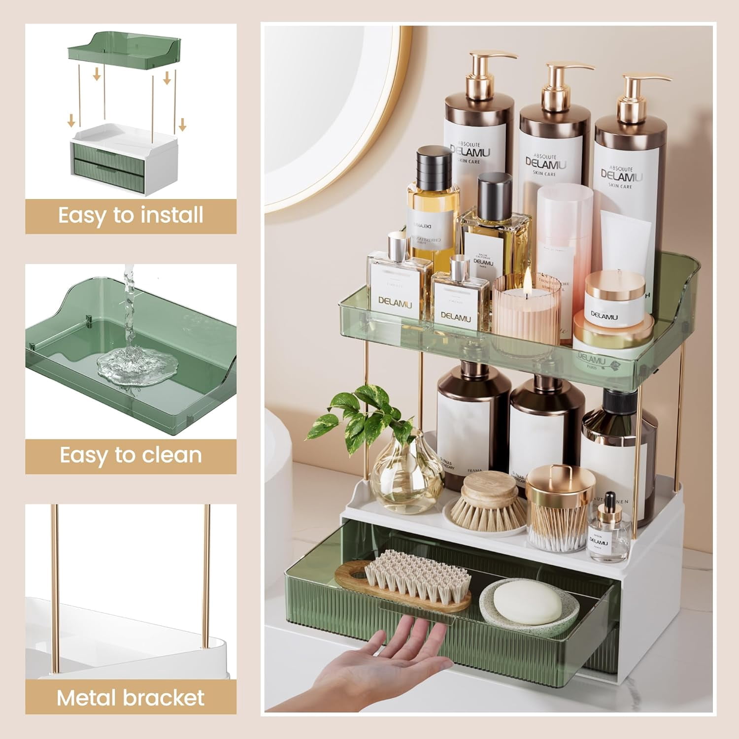 Delamu 2-Tier 2-Drawer Countertop Bathroom Organizer – Multi-Purpose Makeup & Skincare Vanity Storage with Golden Rods, Green Color, Exquisite Home Décor Organizer