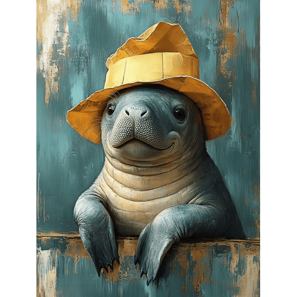 Qisvanset 12x16 Inch With Frame 2D Flat Wall Art Whimsical Manatee Funny Quirky Nursery Home Wall Decor