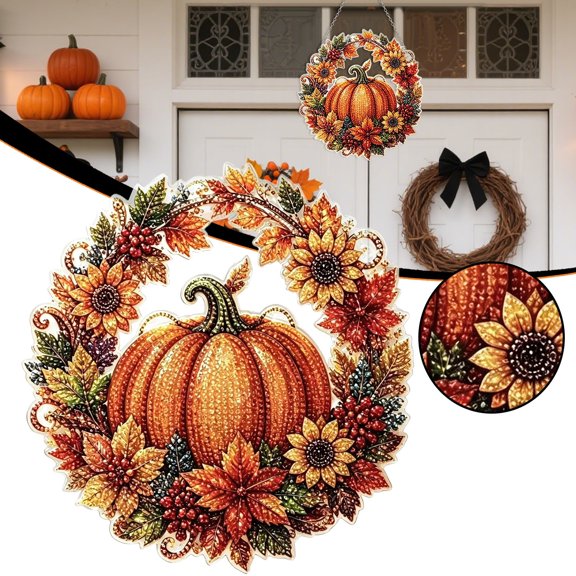 Autumn Harvest Pumpkin Diamond Art Hanging Ornament Kit, Halloween Diamond Art Kits, Acrylic Window Hanging Decor for Window Home Garden Wall