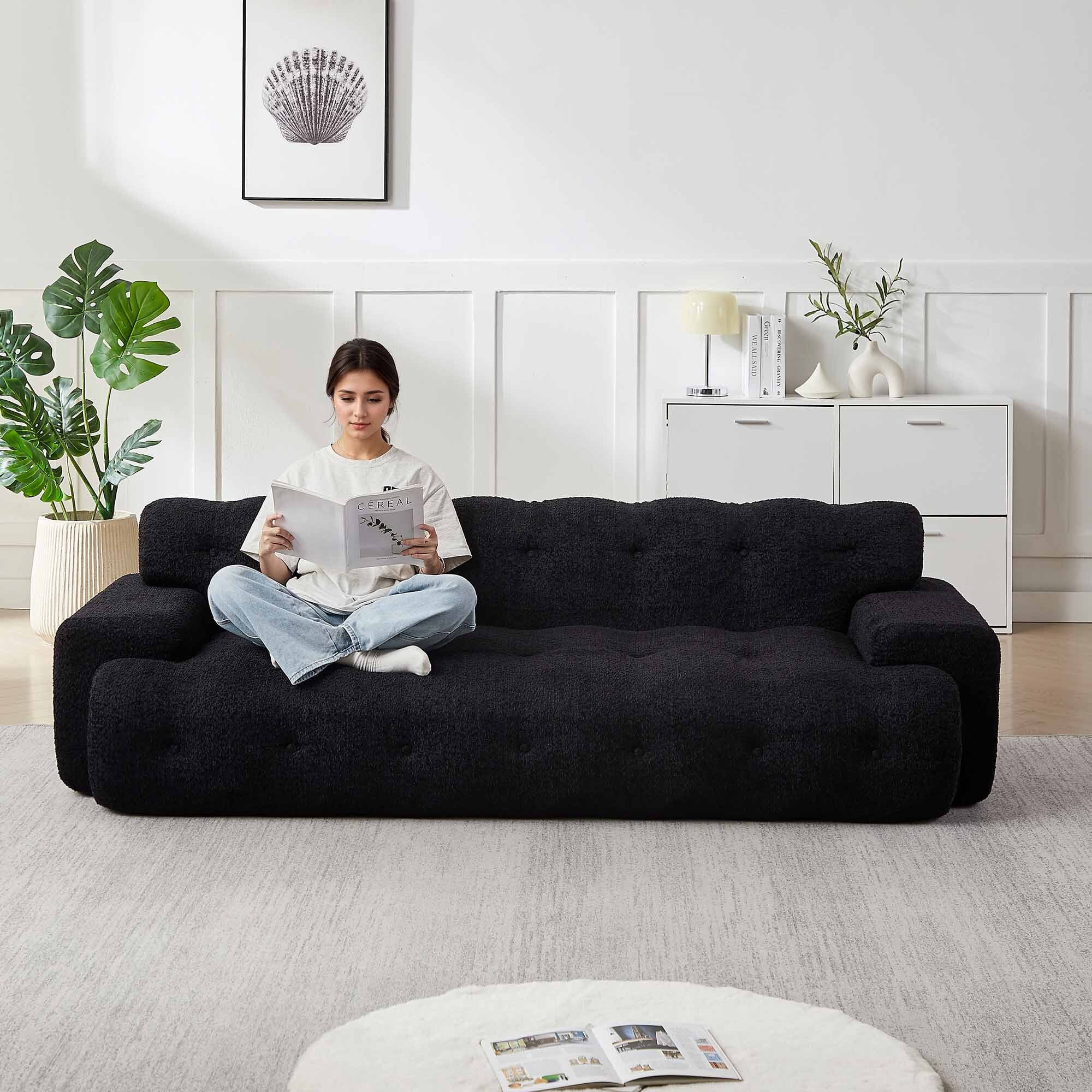 Lunale Boneless Cloud Sofa, No Assembly Required, Modern 3-Seater Chenille Couch for Living Room, Black