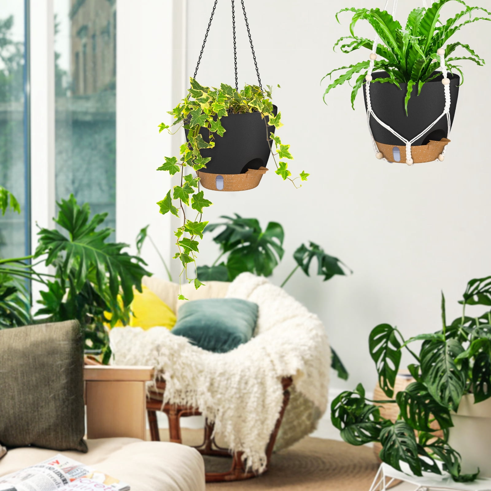 FIASON 2 Pack 10 Inch Matte Black Self-Watering Hanging Planters, Indoor Outdoor Flower Pots with Visual Water Reservoir, Drainage Holes & 2 Types of Plant Hangers for Garden Home Decor