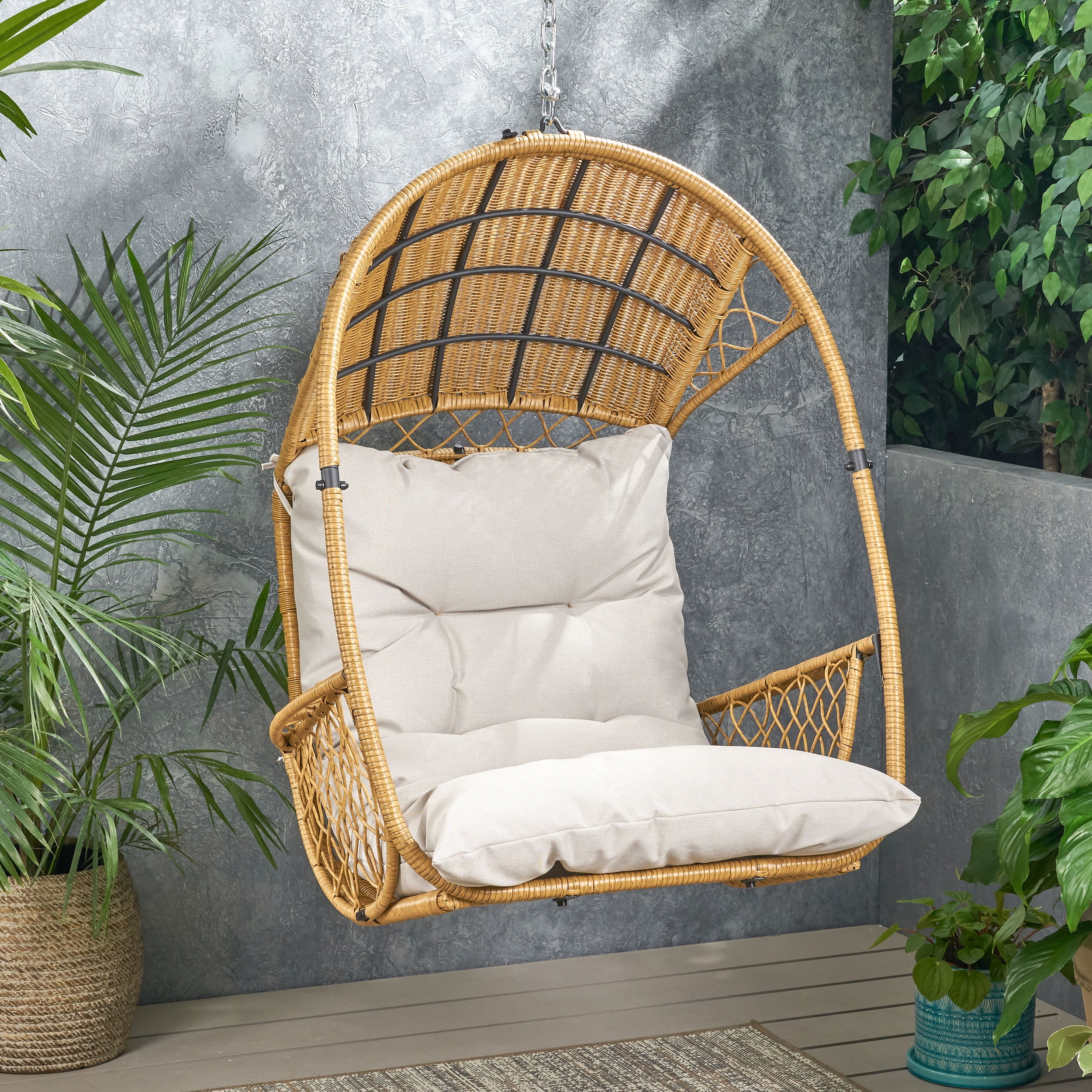 Outdoor Cushioned Hanging Leisure Chair, Wicker Weave Suspended Single Seat for Patio Garden, Light Brown and Beige