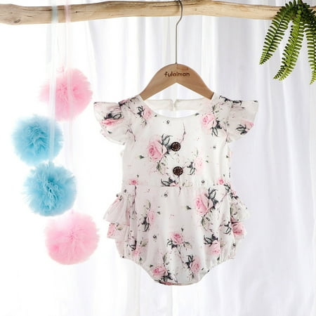 

DAETIROS Breathable Floral （0-12M） Funny Soft Cute Newborn Infant Baby Girls Rompers White