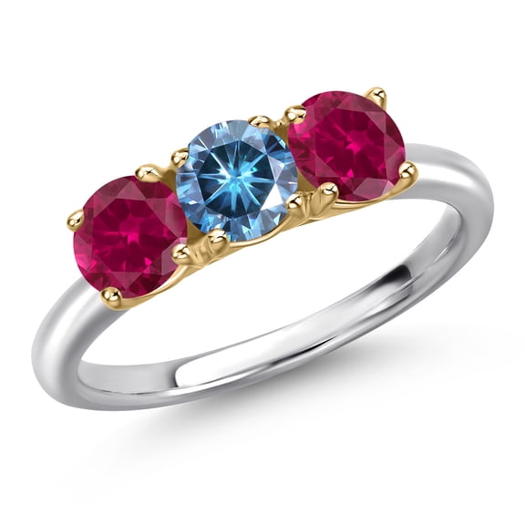 Gem Stone King 10K Two Tone Gold Persian Blue Moissanite and Red Created Ruby Engagement Ring for Women | 1.70 Cttw | Round 5MM | Gemstone Birthstone | Size 7