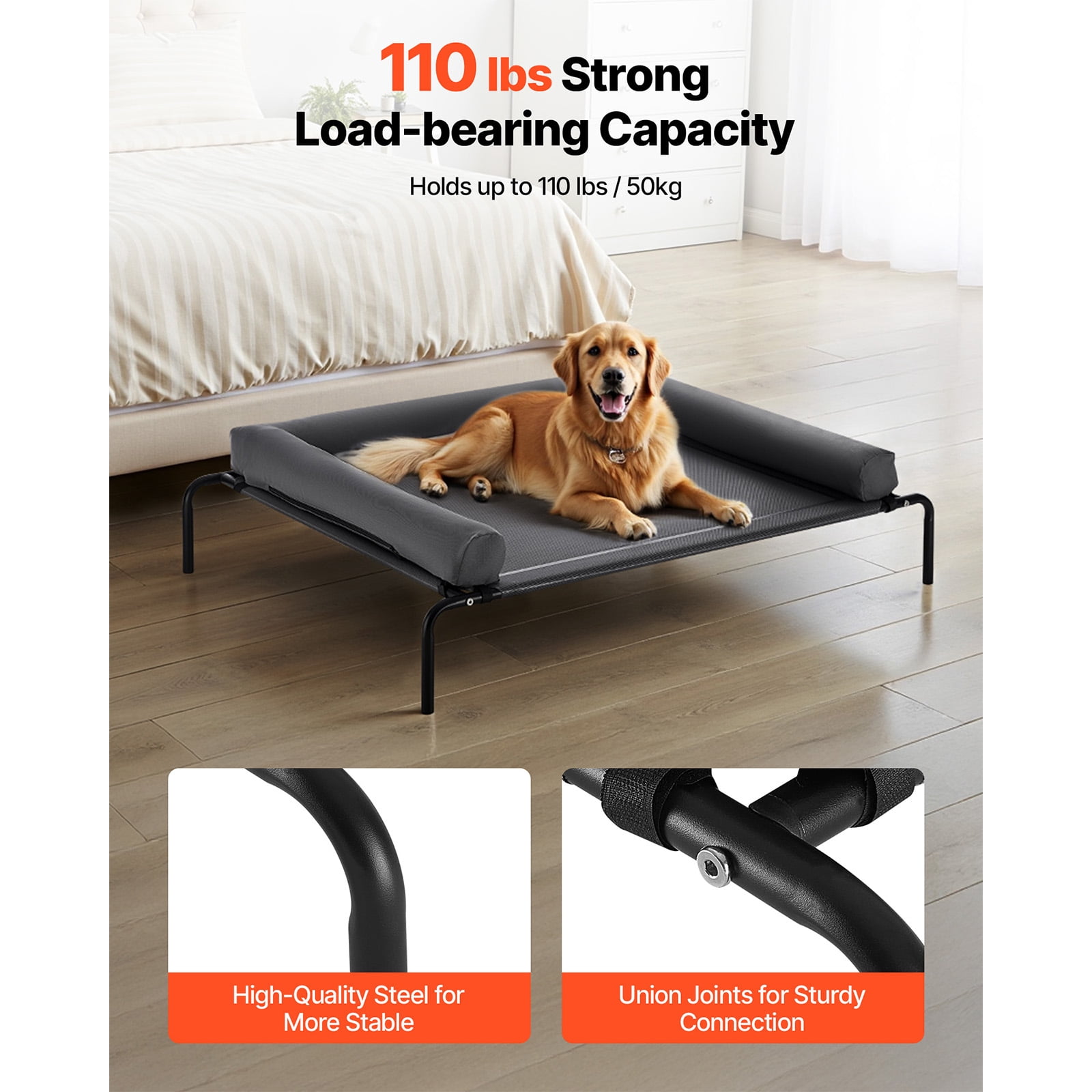 KFFKFF Elevated Dog Bed, 45" X 38" Pet Bed with Removable Pillow, Breathable Mesh, Durable Bed for Large Pet, Gray