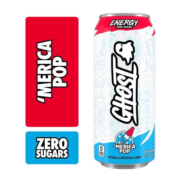 Ghost Zero Sugar Merica Pop Energy Drink, 200mg Natural Caffeine, 16 fl oz, Can