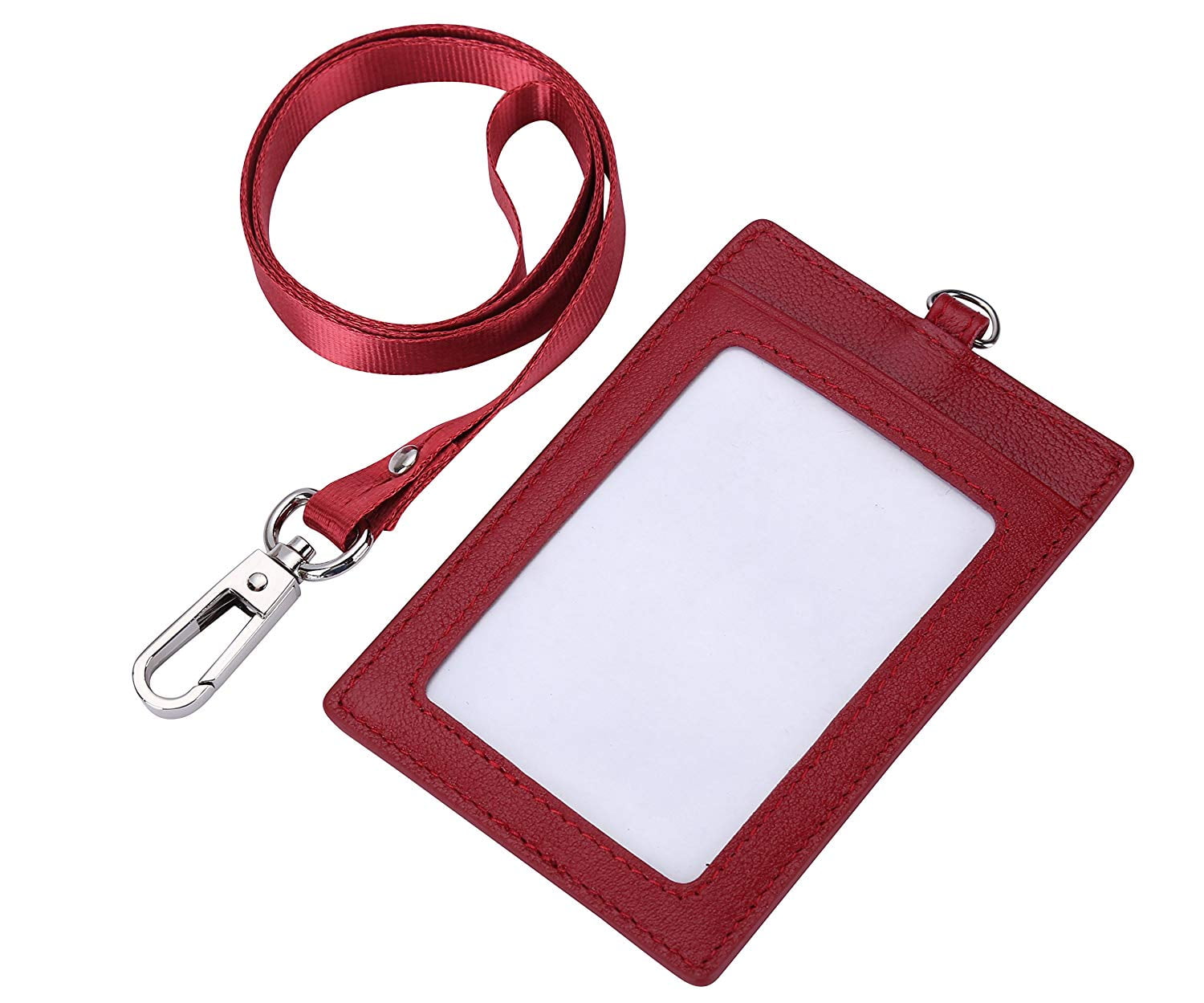 Genuine Leather 2Sided ID Badge Holder with Lanyard, (Red)