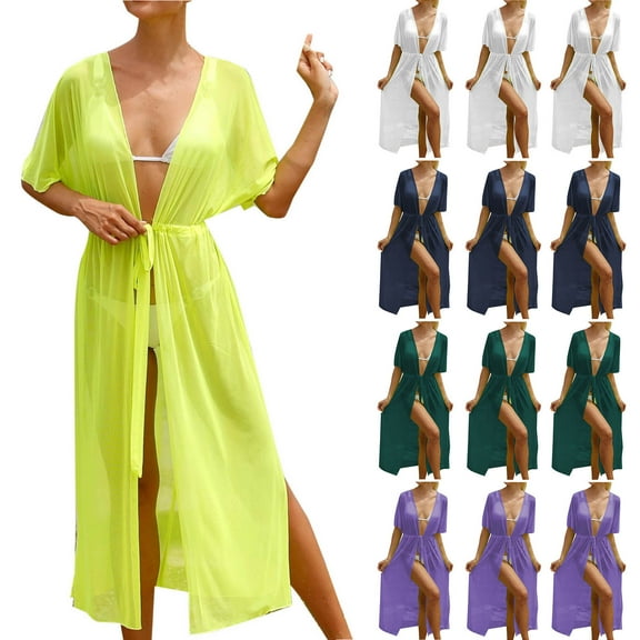 Eiyaclvo Women's Long Swimsuit Cover Up Beach Kimono Cover Ups Mesh Short Sleeve Open Front Cardigan Summer Bikini Coverups with Drawstring Waisted