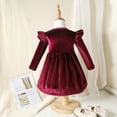 thumbnail image 3 of OBEEII Toddlers Baby Girls Fall Long Sleeve Solid Color Ruffled Velvet Dress Baby Girls Cake Smash Dress Wedding Flower Girl Dress 18-24 Months Burgundy, 3 of 10