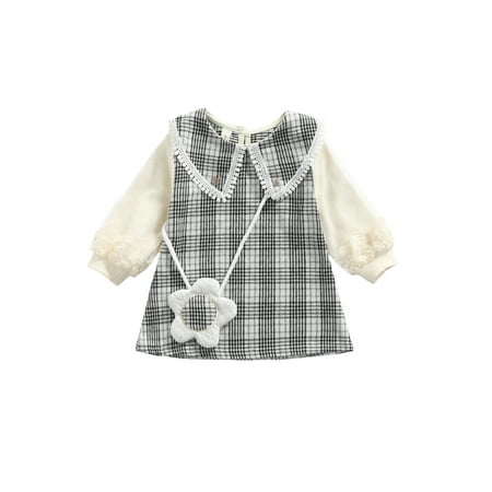 

FOCUSNORM Toddler Girl Plaid Print Mesh Stitching Long Sleeve Pan Collar Midi Dress