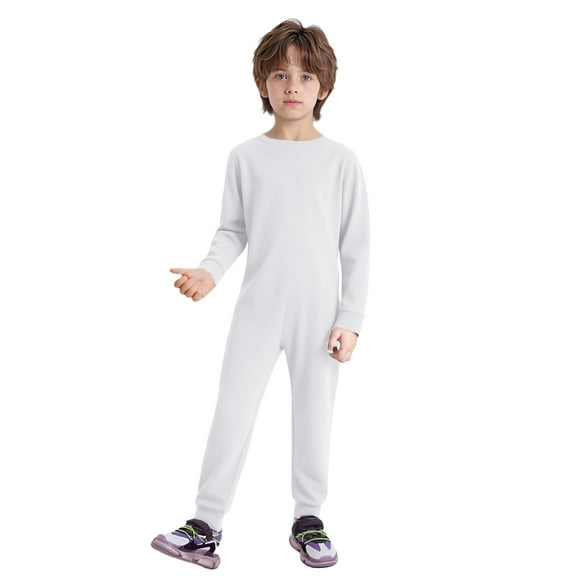 Sholeno Unisex Kids Special Needs Adaptive Clothing Round Neck Long Sleeve One Piece Cotton Jumpsuit White 16