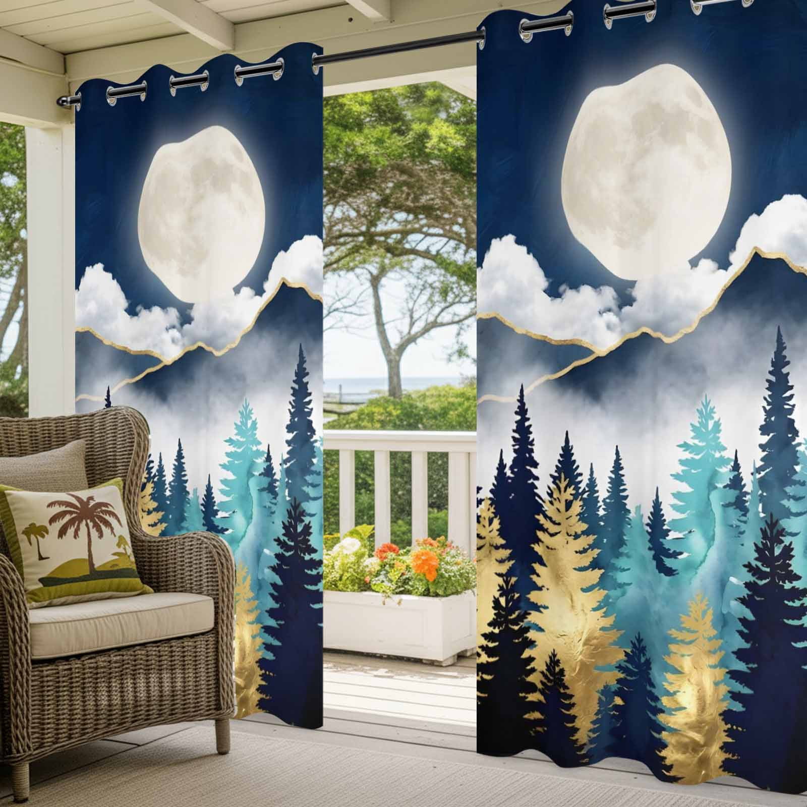 Night Forest Outdoor Curtains for Patio, Mountain Cloud Moon Gold Teal Pine Tree Sunshade Privacy Drapes Grommet Waterproof Outside Curtains for Porch/Cabana/Balcony 54"x 108", 1 Panel