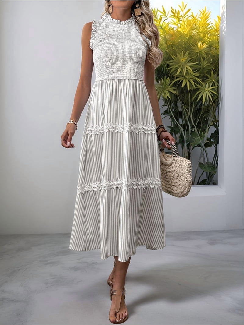 sleeveless dress boho striped Women'S Summer Long Casual Smocked Tiered Ruffle Sundress Brown XL MD2761_BP-BLACK Black Tie Wedding Guest Color:Canyon/Canvas Poly/Elastane blend Available in