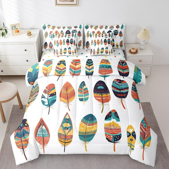Bohemian Bed in a Bag Queen Comforter Set 7 Piece,Tribe Feather Bedding Sets Watercolor Boho Decor Exotic Sheet Set with Comforter,Southwestern Rainbow Bed Set