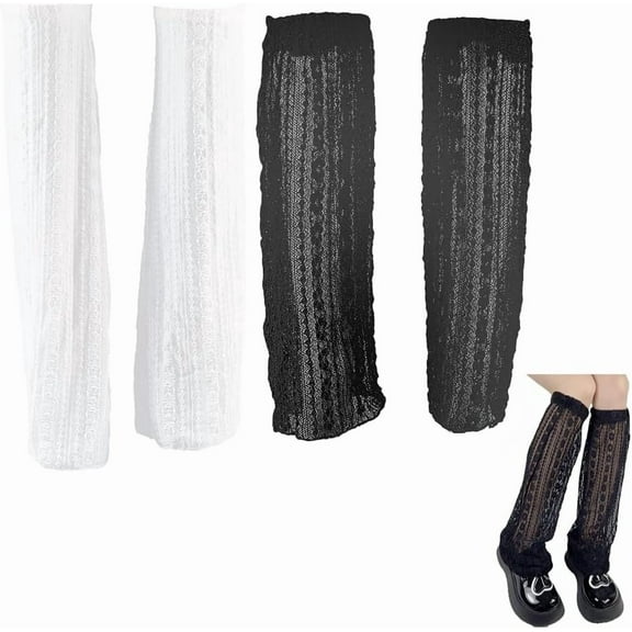 2 Pairs Black White Knee High Mesh Sock Summer Long Thin Sheer Floral Lace Hollow Out Calf Leg Warmer Sleeve Loose Fishnet Boots Cover Stockings Footless Socks for Women Ladies Dress Fashion