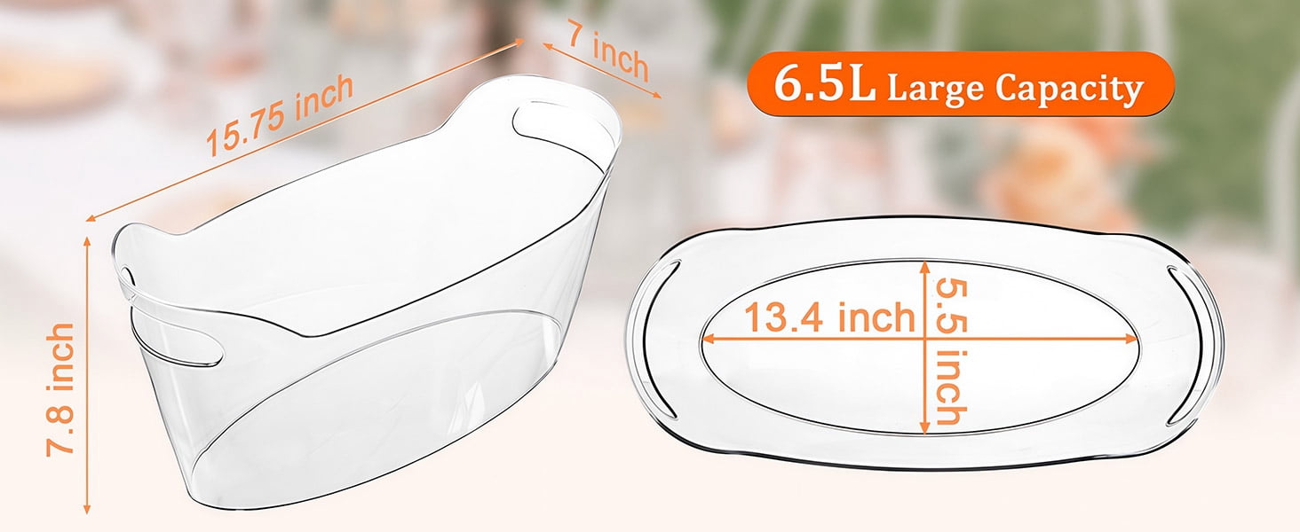 6.5L Ice Bucket 2 Pack Ice Buckets for Parties, Beverage Tub for Cocktail Bar with Handle, Drink Cooler for Wine Beer Champagne, Clear Ice Bucket with Scoop for Mimosa Bar Drink Chiller
