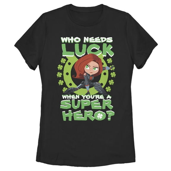 Women's Marvel St. Patrick's Day Black Widow Who Needs Luck  Graphic Tee Black Small