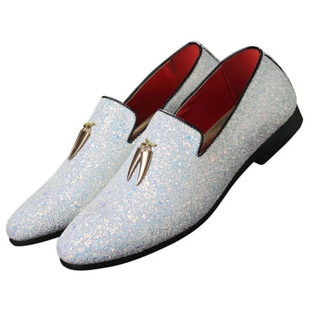 

Santimon Mens Loafers Metallic Glitter Slip-on Smoking Shoes Moccasins Leather Dress Shoes White 6.5 US
