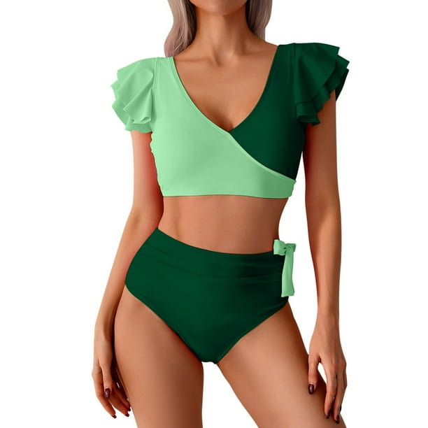 Conjunto de Trajes de Baño de Color Sólido de las Mujeres, una Pieza Conservadora con Bloqueo de Color, Ruffle Y División Lateral para la Playa Y la Piscina, Desgaste de Verano Modesto
