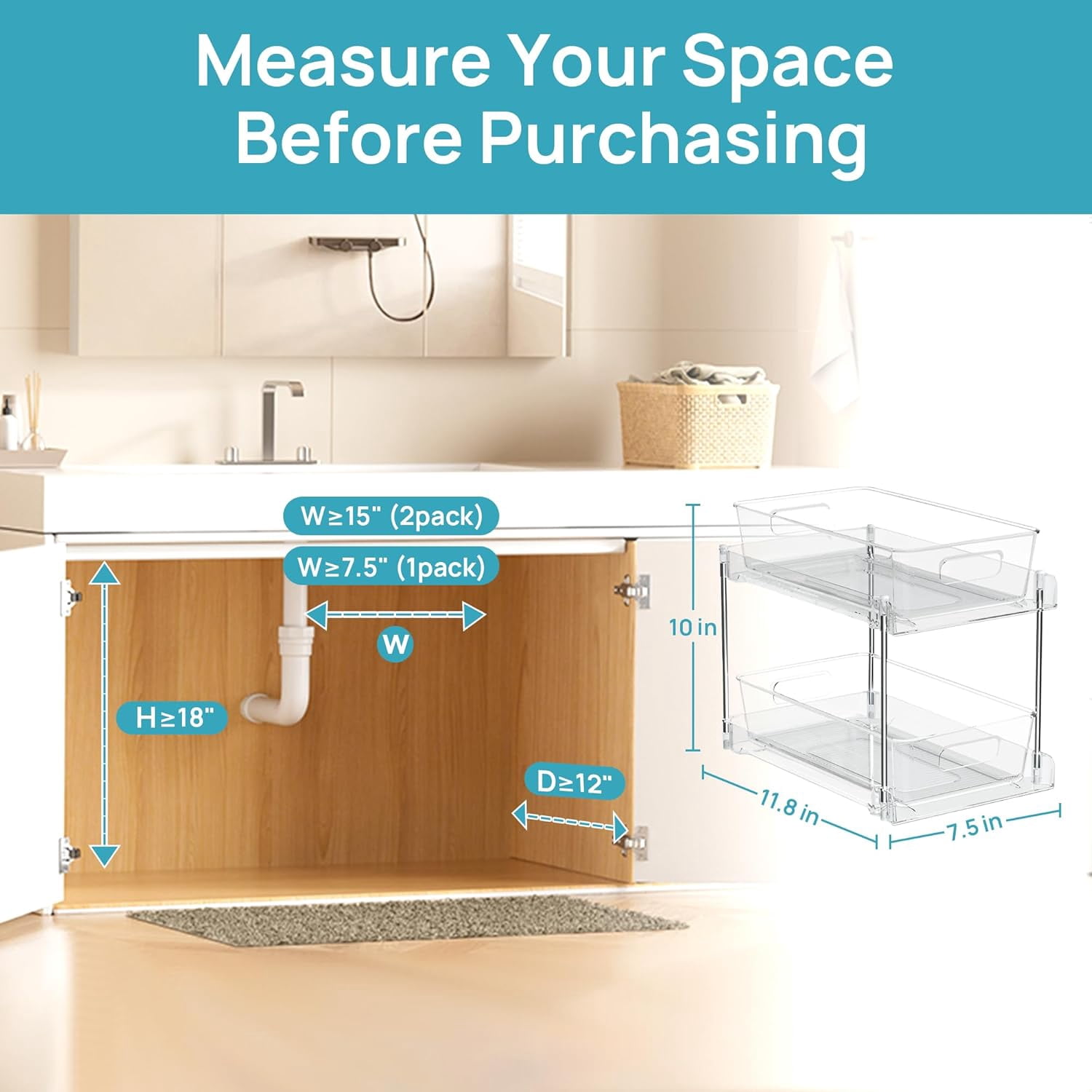 2 Tier Bathroom Storage Organizer, Pack Clear Under Sink Organizers Vanity Counter Container, Cabinet Drawers Bins, Pull-Out Organization with Track for Pantry, Kitchen