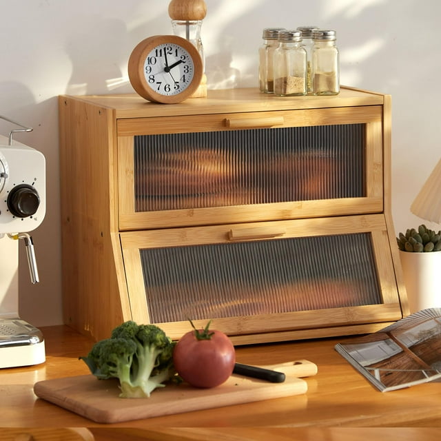 Panera GHWIE de bambú de doble capa para encimera de cocina, panera de gran capacidad, recipiente para pan con panel de puerta acrílico ondulado (natural, mediano)